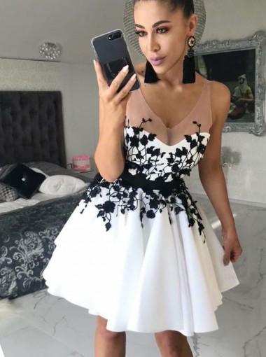 homecoming dresses white and black Aline Cheap Short Prom Dress Simple Party Dress JK590|Annapromdress Anna PromDress Sleeveless Back Strapless Short Puff-Sleeve Homecoming Dress