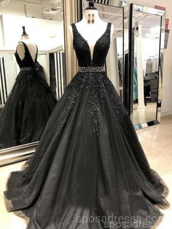 V-neck Black Lace Beaded A-line Long Evening Prom Dresses, Cheap Custo SposaDresses V-neck Black Lace Beaded A-line Long Evening Prom Dresses, Cheap Custo SposaDresses