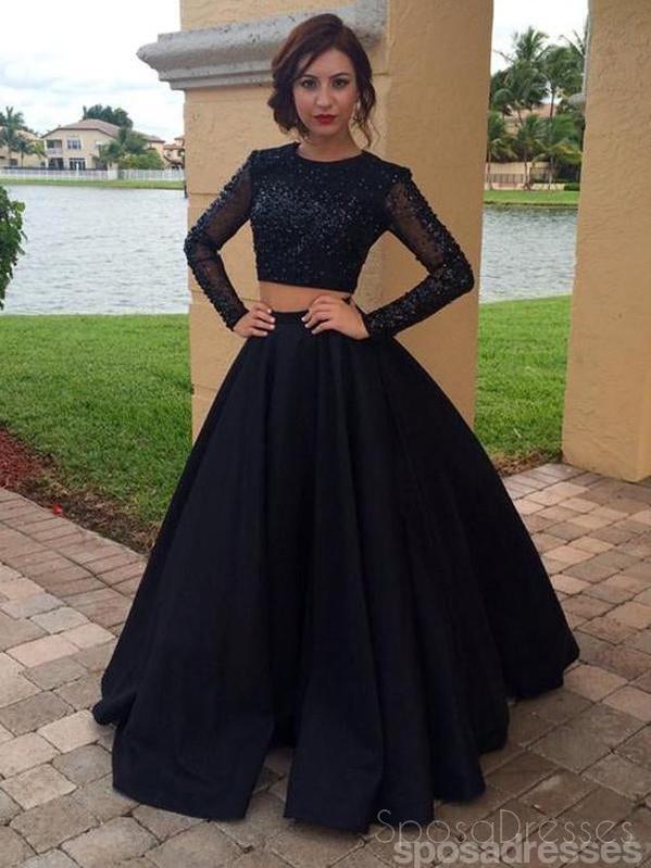 black long sleeve two piece prom dress Bateau Neck Two Piece Black Long Sleeves Prom Dress PG319 US8 / Custom Color