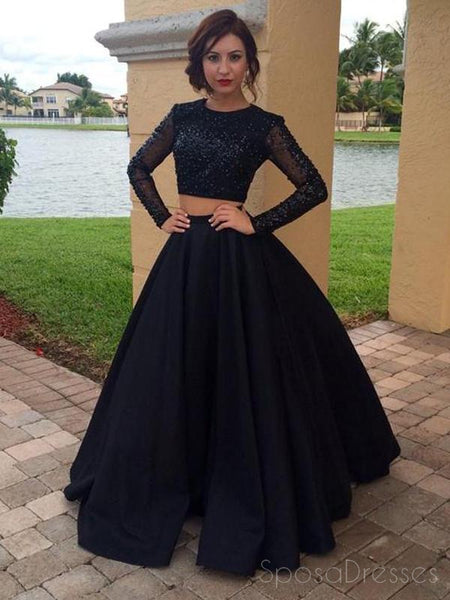 Two Pieces Black A-Line Long Sleeve O-Neck Long Prom Dresses PG912