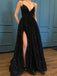Sexy Side Slit Black Lace Long Evening Prom Dresses, Cheap Custom Party Prom Dresses, 18572