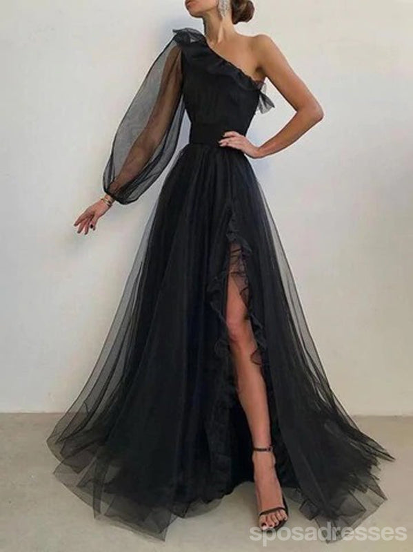 Black A-line One Shoulder Long Sleeves High Slit Prom Dresses Online,12658