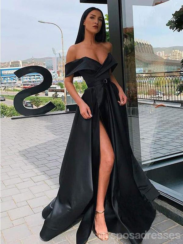 Simple Black A-Line V-neck Off Shoulder High Slit Long Prom Dresses Online,12636