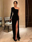 Black Mermaid One Shoulder Long Sleeves High Slit Prom Dresses Online,12723