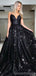 Black A-line Spaghetti Straps V-neck Backless Long Party Prom Dresses Online,12564