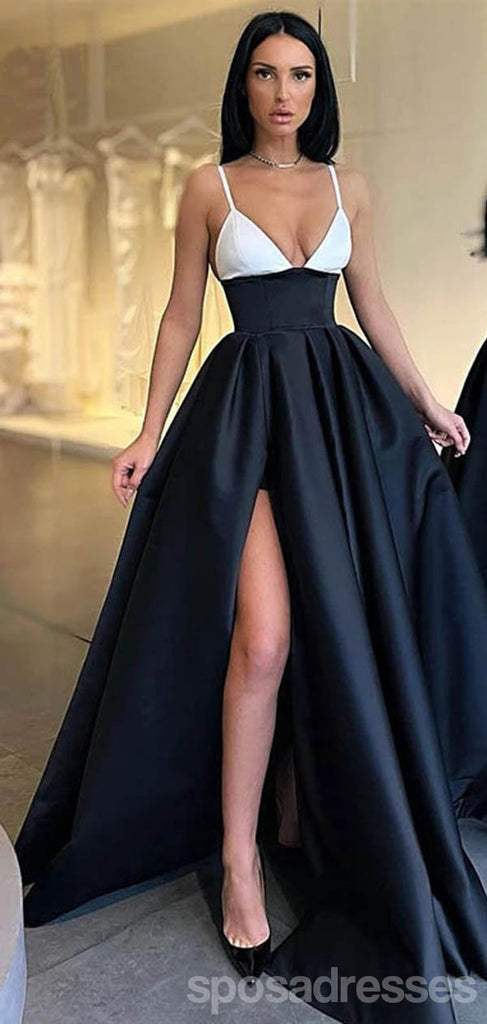 Simple Black A-line V-neck Spaghetti Straps High Slit  Long Prom Dresses Online,12722