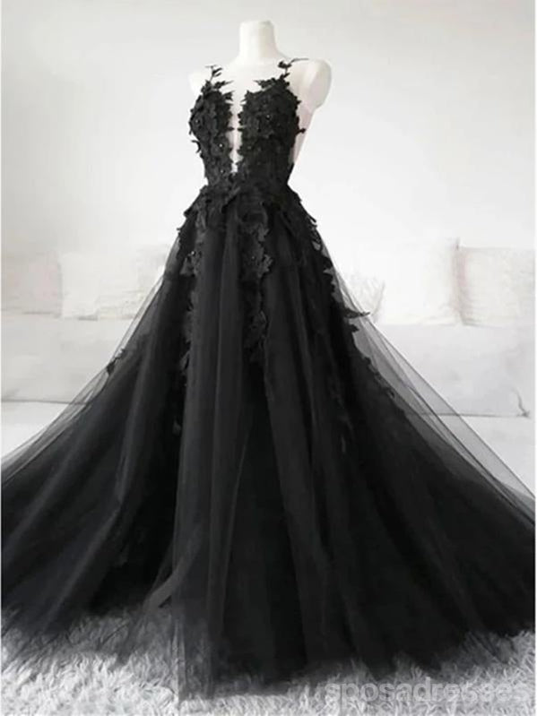 Black A-line Spaghetti Straps V-neck Long Prom Dresses Online,12732