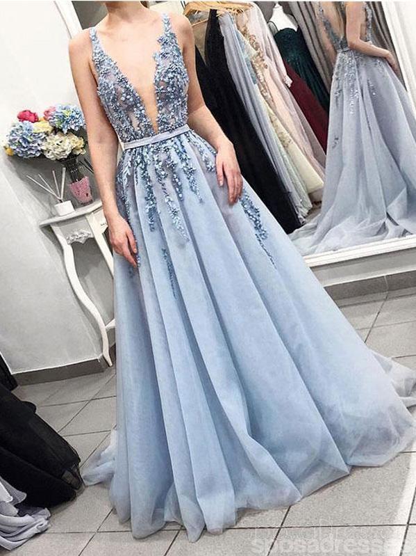 Sexy Backless Deep V Neck Dusty Blue Lace Long Evening Prom Dresses, C – SposaDresses