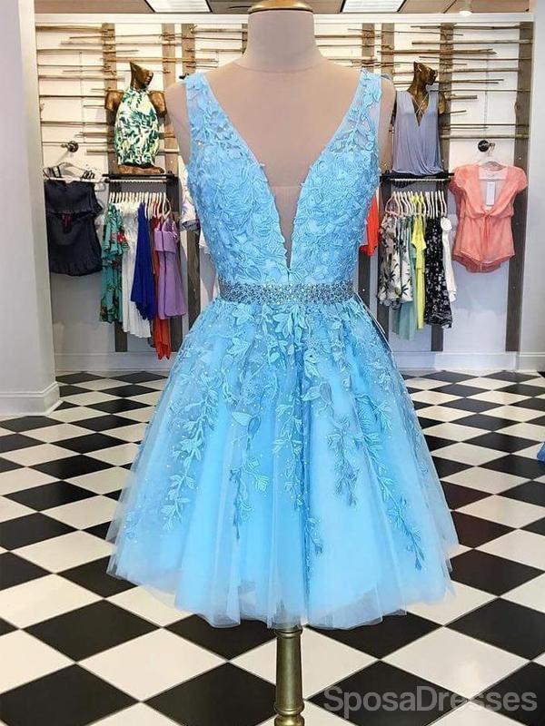 V Neck Blue Lace Short Cheap Homecoming Dresses Online, CM822