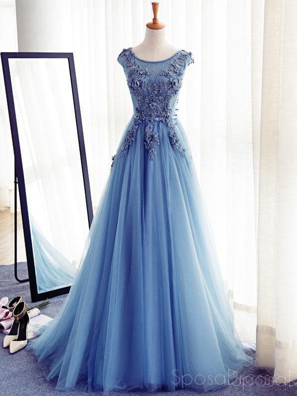 Cap Sleeve Blue Lace Beaded Evening A Line Prom Dresses, Long Sexy Par – SposaDresses
