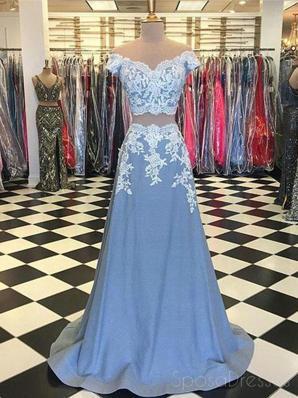 Off Shoulder Two Pieces Blue custom Long Evening Prom Dresses, 17626
