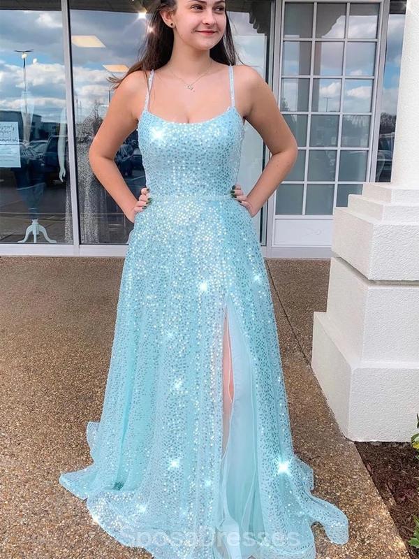 Side Slit Cheap Tiffany Blue Sequin Evening Prom Dresses, Evening Party Prom Dresses, 12186