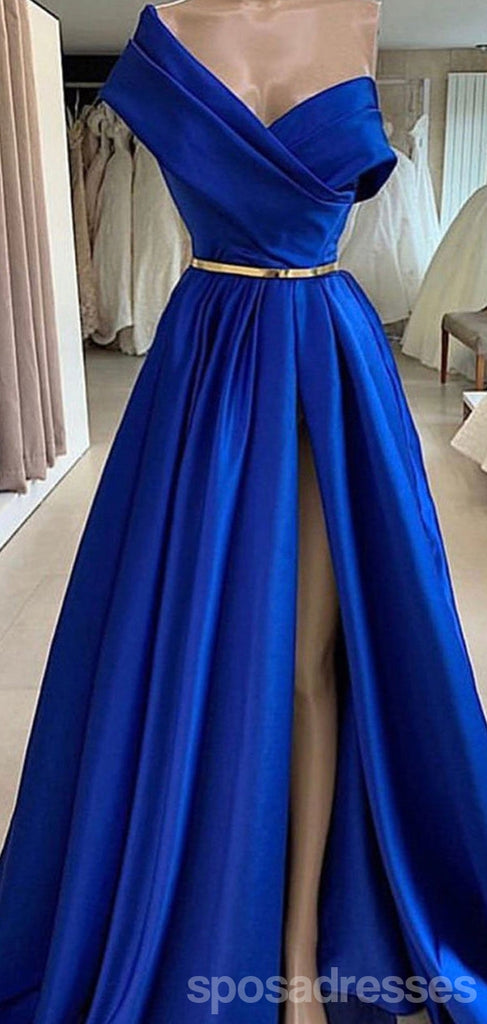 Blue A-line Off Shoulder High Slit Cheap Long Prom Dresses Online,12927