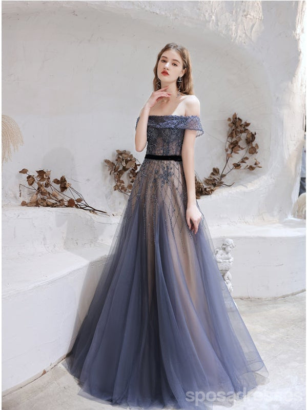 Elegant Blue A-line Off Shoulder Long Prom Dresses Online, Evening Party Dresses,12756