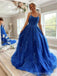 Blue A-line Spaghetti Straps Backless Long Prom Dresses Online,12736