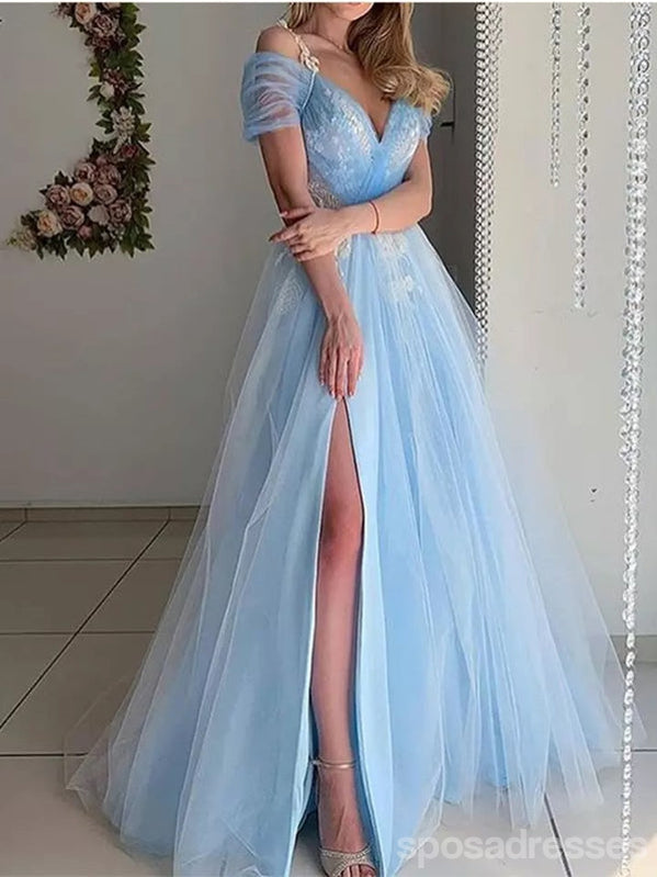 Blue A-line Off Shoulder High Slit Long Prom Dresses,Evening Dresses,13093