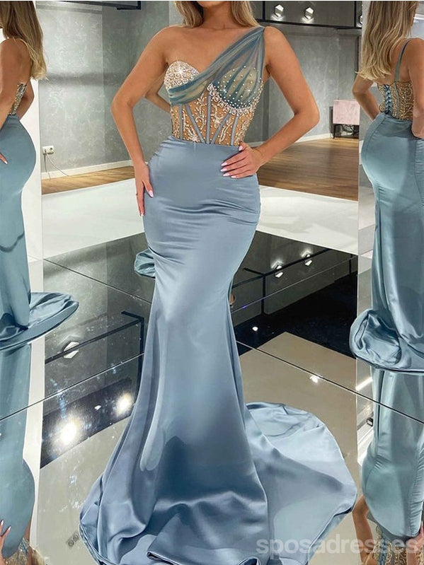 Sexy Blue Mermaid One Shoulder Maxi Long Prom Dresses,Evening Dresses,13128