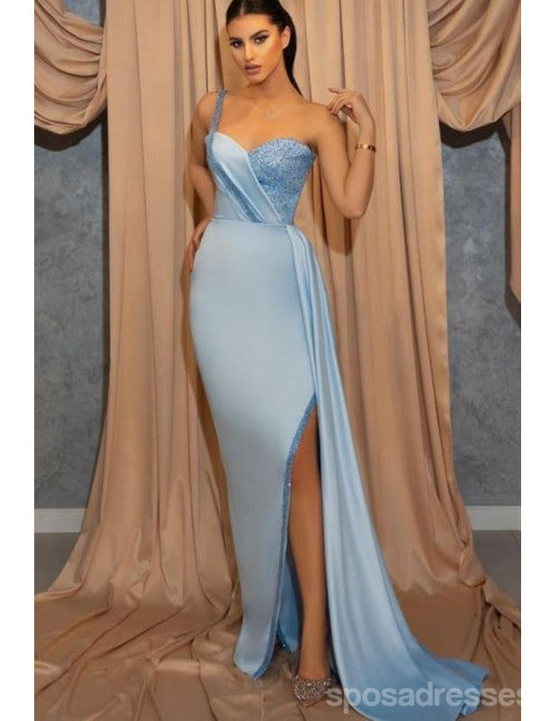 Elegant Blue Sheath One Shoulder Side Slit Long Prom Dresses Online,13023