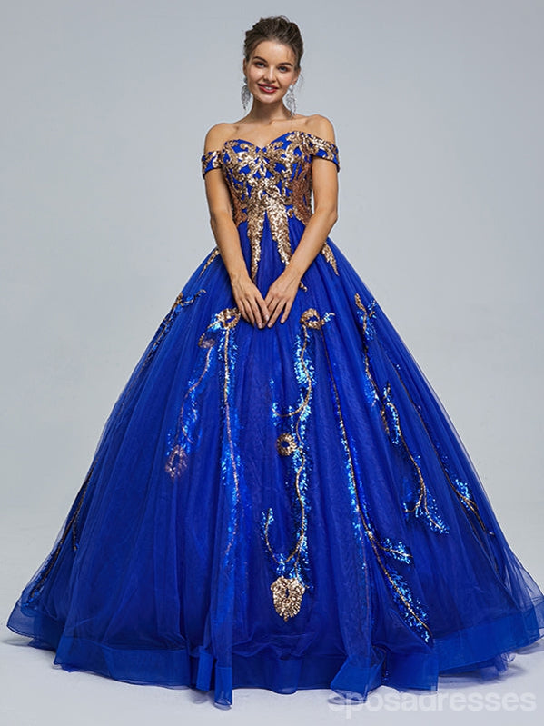 Blue A-line Off Shoulder Sleeveless Cheap Long Prom Dresses Online,13053