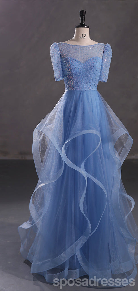 Blue A-line Short Sleeves Jewel Cheap Long Prom Dresses Online,12983