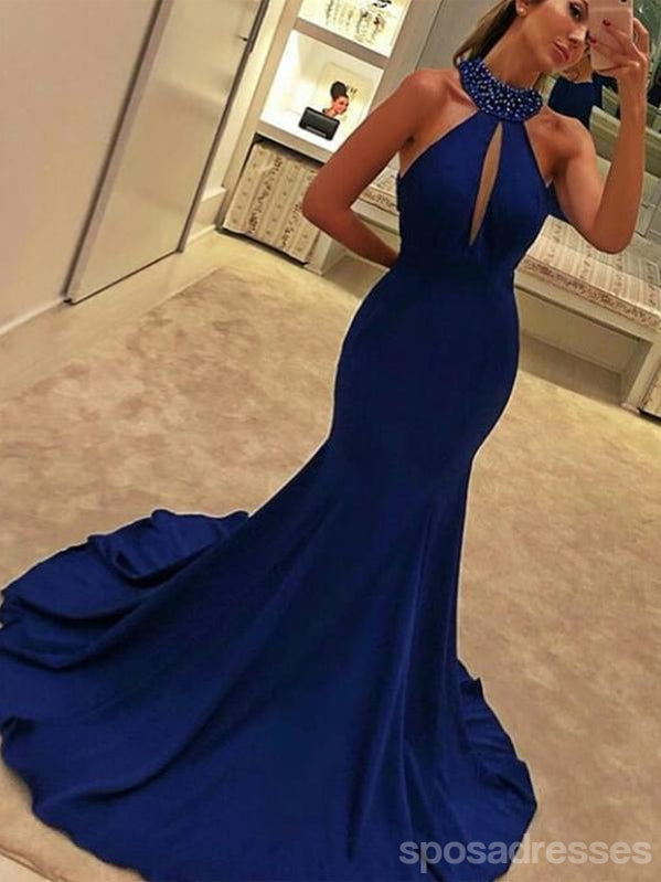Sexy Blue Mermaid Halter V-neck Cheap Long Prom Dresses Online,Dance Dresses,12596
