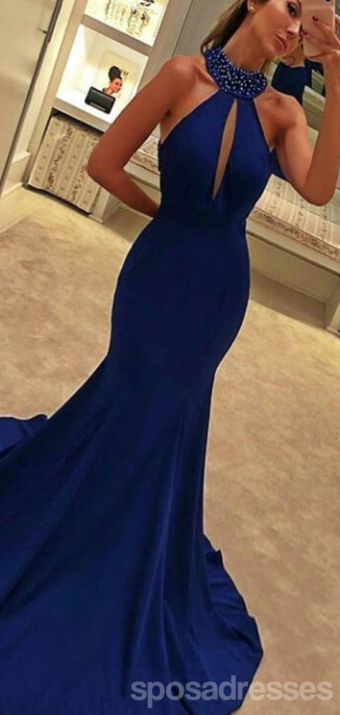 Sexy Blue Mermaid Halter V-neck Cheap Long Prom Dresses Online,Dance Dresses,12596