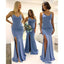 Spaghetti Straps Mermaid Blue High Slit V-neck Bridesmaid Dresses Gown Online, WG1040
