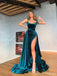 Blue Mermaid Spaghetti Straps Jewel High Slit Cheap Long Prom Dresses,12823