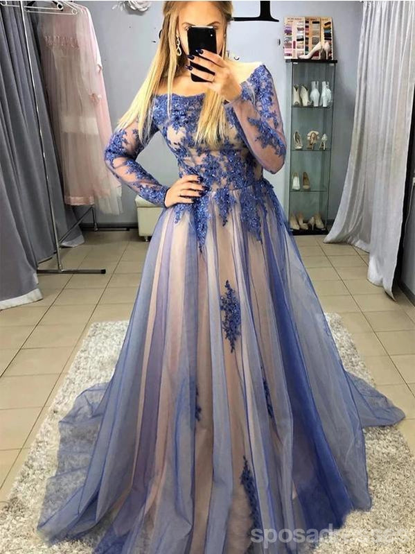 Blue A-line Jewel Long Sleeves Prom Dresses Online, Evening Party Dresses,12744