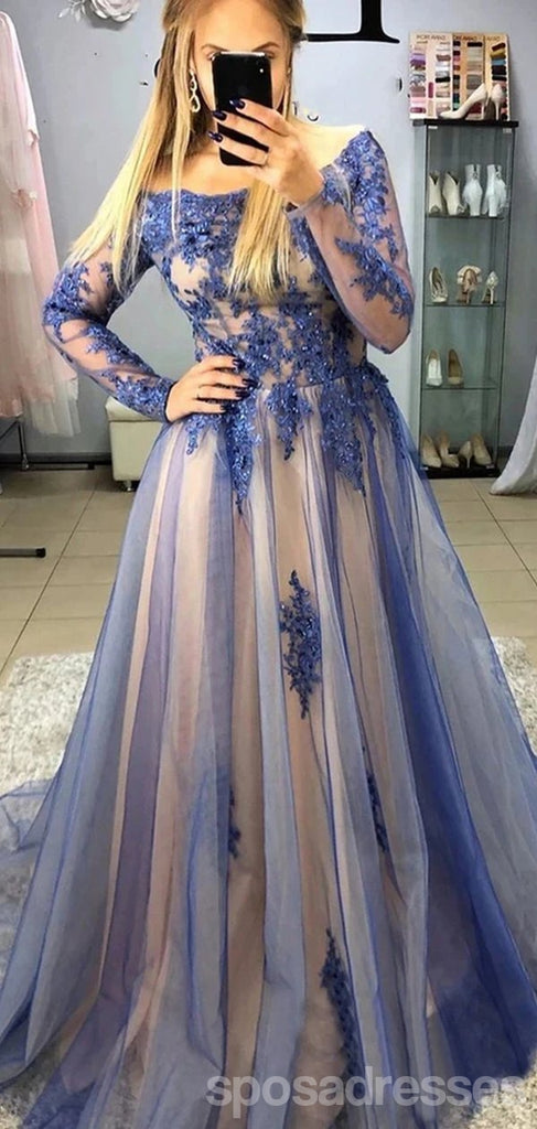 Blue A-line Jewel Long Sleeves Prom Dresses Online, Evening Party Dresses,12744