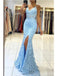 Blue Mermaid Spaghetti Straps V-neck High Slit Cheap Long Prom Dresses,12863