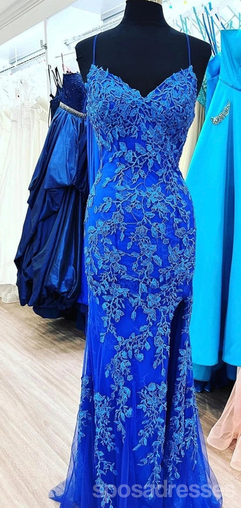 Blue Mermaid Spaghetti Straps Cheap Long Prom Dresses,Evening Party Dresses,12872
