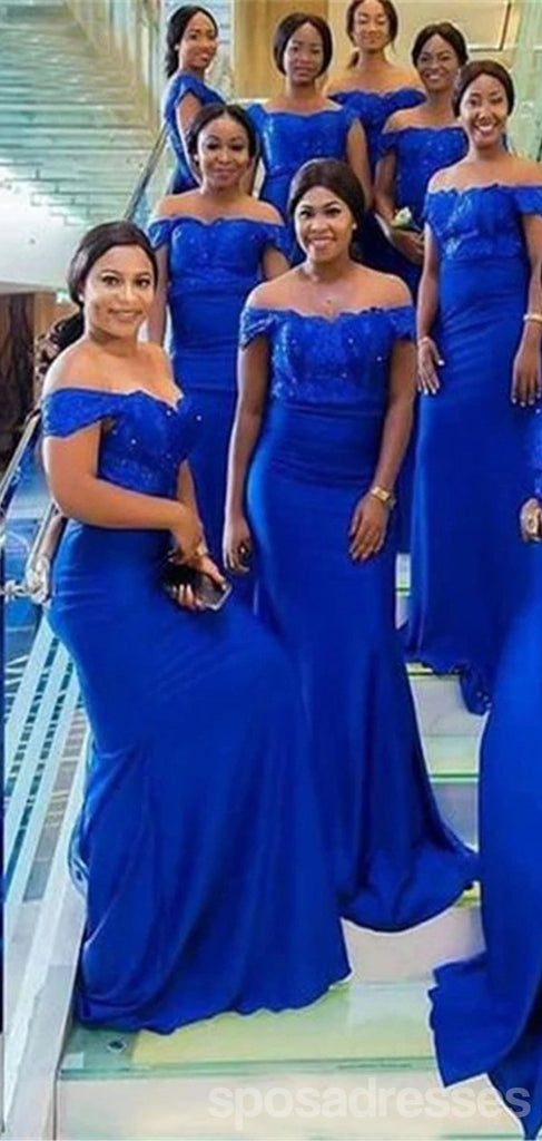 Blue Mermaid Off Shoulder Lace Applique Bridesmaid Dresses Gown Online, WG1043