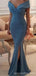 Blue Mermaid Off Shoulder V-neck Side Slit Long Prom Dresses Online,12650