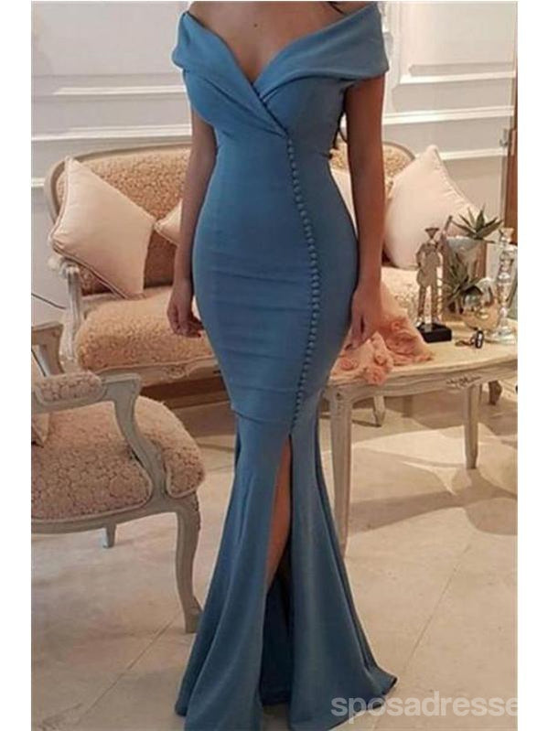 Blue Mermaid Off Shoulder V-neck Side Slit Long Prom Dresses Online,12650