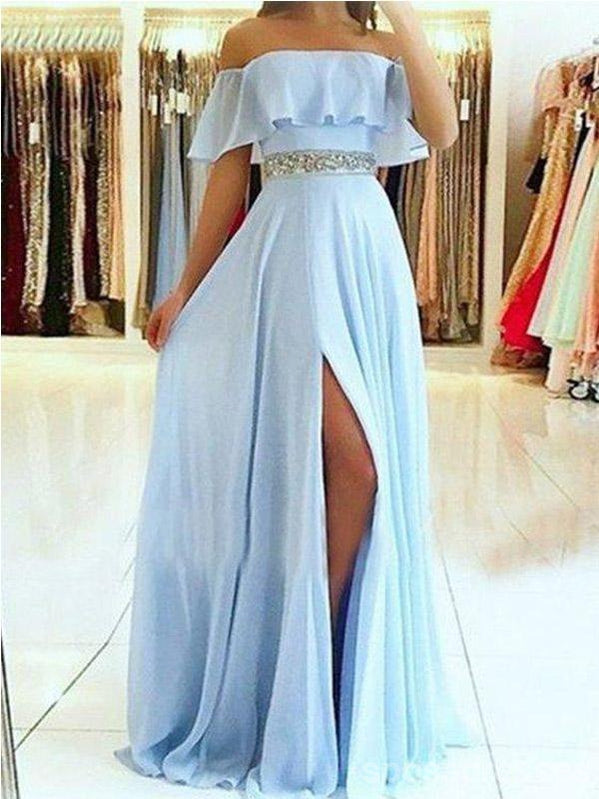 Blue A-line Off Shoulder Side Slit Cheap Long Prom Dresses Online,12649