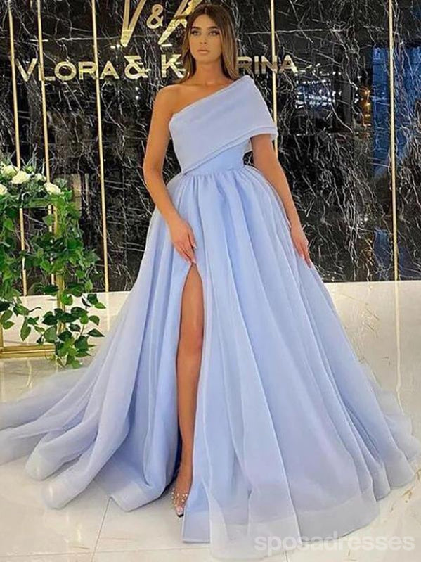 Blue A-line One Shoulder High Slit Cheap Long Prom Dresses Online,12575