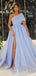 Blue A-line One Shoulder High Slit Cheap Long Prom Dresses Online,12575