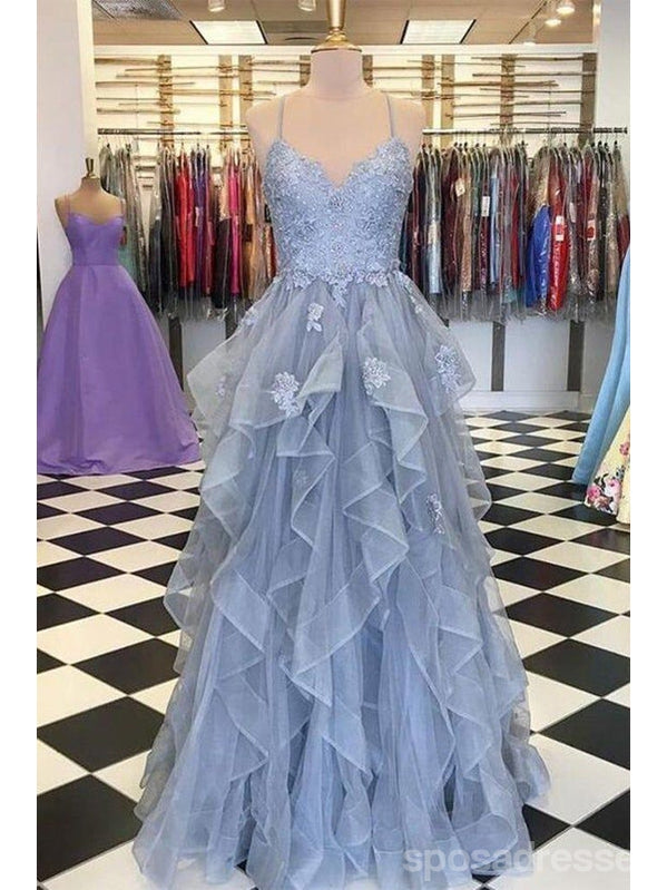 Blue A-line Spaghetti Straps Cheap Long Prom Dresses, Evening Party Dresses,12919