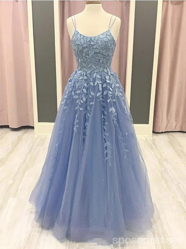 Blue A-line Spaghetti Straps Long Prom Dresses Online, Dance Dresses,12743