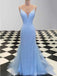 Sparkly Blue Mermaid Spaghetti Straps V-neck Cheap Long Prom Dresses,12886