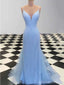 Sparkly Blue Mermaid Spaghetti Straps V-neck Cheap Long Prom Dresses,12886