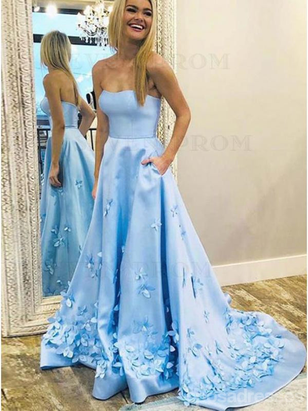 Floral Blue A-line Sweetheart Cheap Long Prom Dresses Online, Dance Dresses,12597