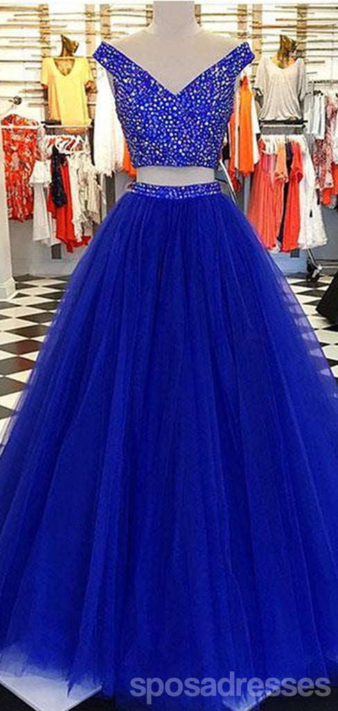 Two Pieces Blue A-line Off Shoulder V-neck Cheap Long Prom Dresses Online,12595
