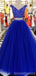 Two Pieces Blue A-line Off Shoulder V-neck Cheap Long Prom Dresses Online,12595