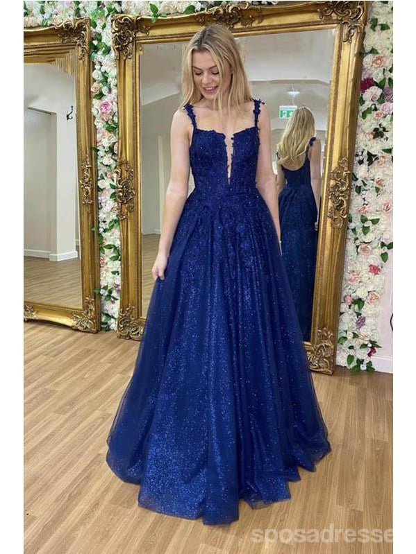 Blue A-line V-neck Cheap Long Prom Dresses Online,Evening Party Dresses,12712