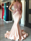 Blush Pink Mermaid Lace Applique Long Evening Prom Dresses, 17472