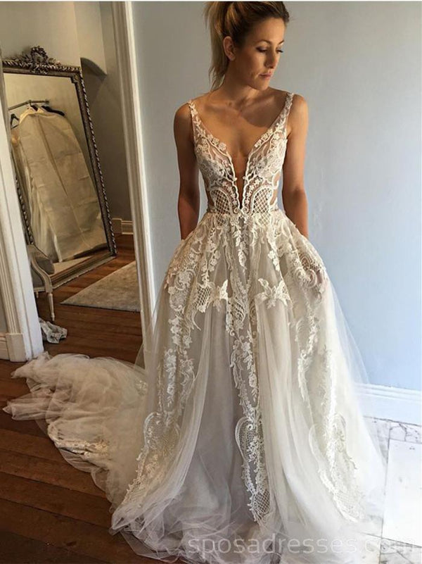V Neck Lace A-line Cheap Wedding Dresses Online, Cheap Bridal Dresses ...