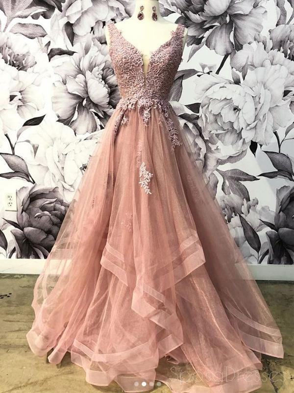 V-neck Dusty Peach Tulle A-line Long Evening Prom Dresses, Cheap Party SposaDresses V-neck Dusty Peach Tulle A-line Long Evening Prom Dresses, Cheap Party SposaDresses