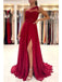 Burgundy A-line One Shoulder High Slit Cheap Long Prom Dresses,12869